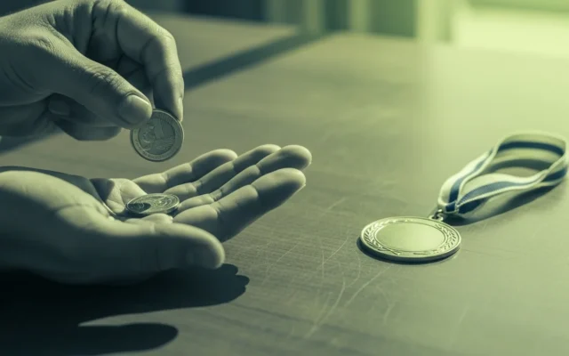 A hand placing a coin and a trophy medal on a desk, representing buying versus earning backlinks