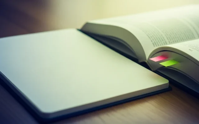 A blank notebook next to an open book with bookmark tabs, representing guest posts versus niche edits