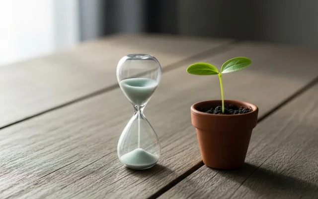 Hourglass next to a growing seedling, symbolizing SEO results over time