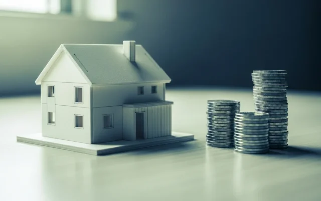 A small house model next to stacked coins, representing website cost for a small business