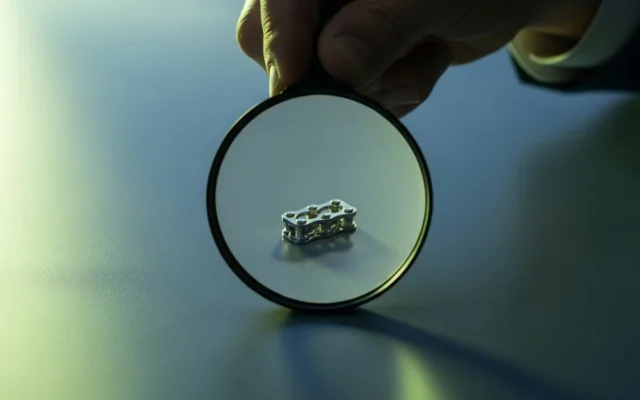 A magnifying glass over a chain link, representing competitor backlink analysis