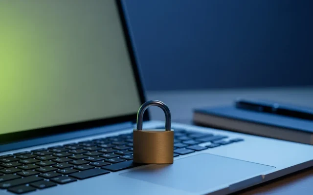 Padlock on a laptop keyboard, symbolizing safe backlink buying practices