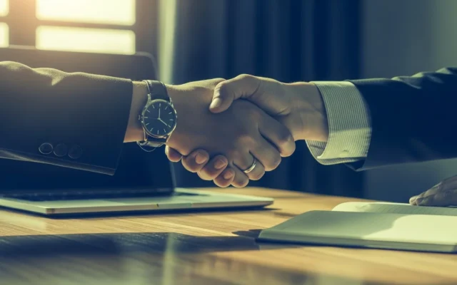 Two people shaking hands across a desk, representing choosing an SEO agency