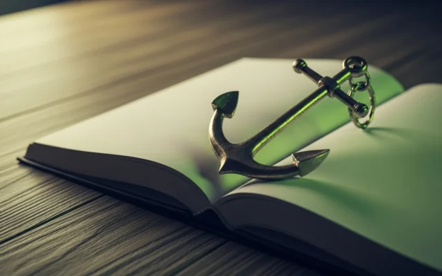 A ship anchor resting on an open book, representing anchor text selection