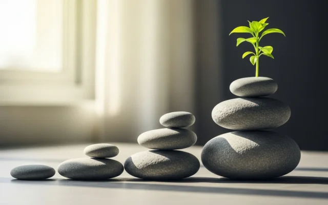 Stacked stones ascending with a growing plant on top, representing domain authority growth