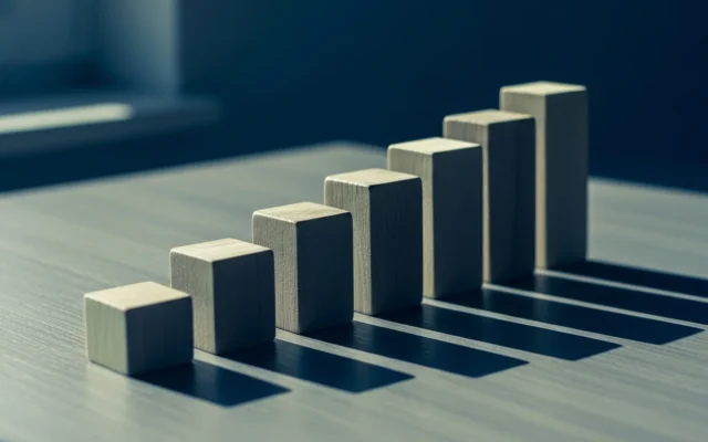 Wooden blocks arranged in an ascending staircase, representing domain rating growth