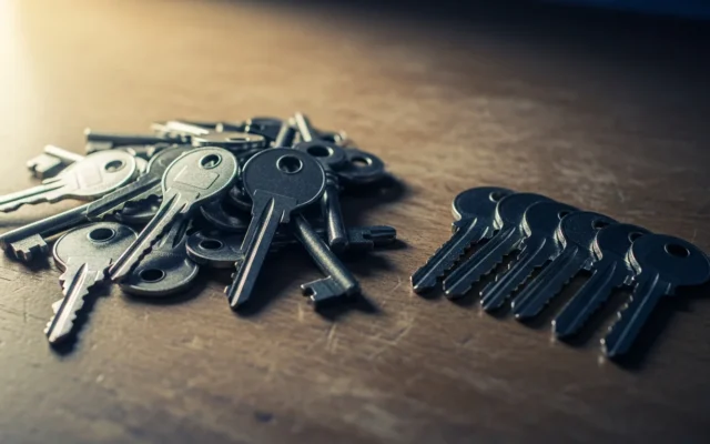 Scattered keys being sorted into a neat row, representing keyword research and preparation