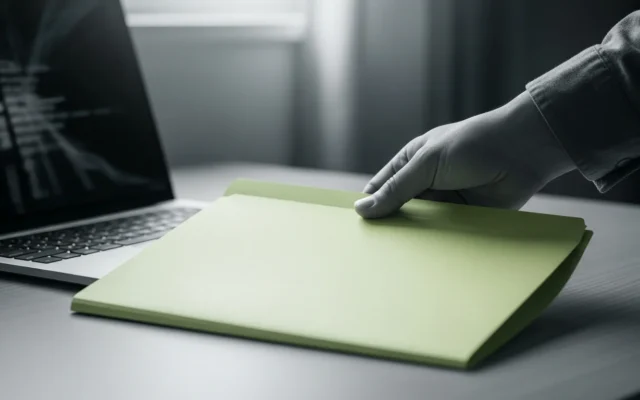 A hand placing a folder on a desk next to a laptop, representing submitting website details for an order