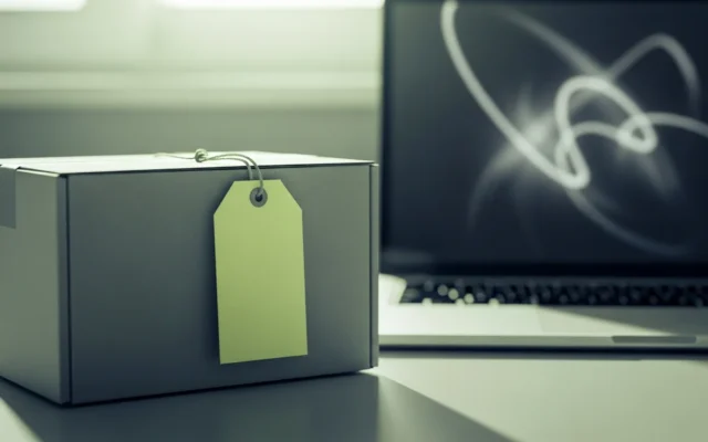 A shipping parcel with a tracking tag next to a laptop, representing SEO order tracking
