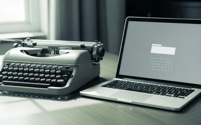 A vintage typewriter next to a modern laptop, representing human versus AI writing