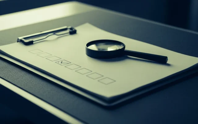 A clipboard checklist with a magnifying glass, representing transparent SEO reporting