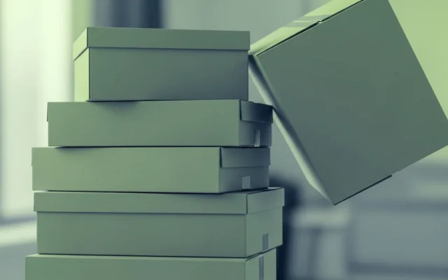 A stack of moving boxes with the top one tilting, representing a website migration