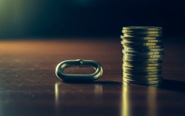Chain link next to a stack of coins, representing link building costs