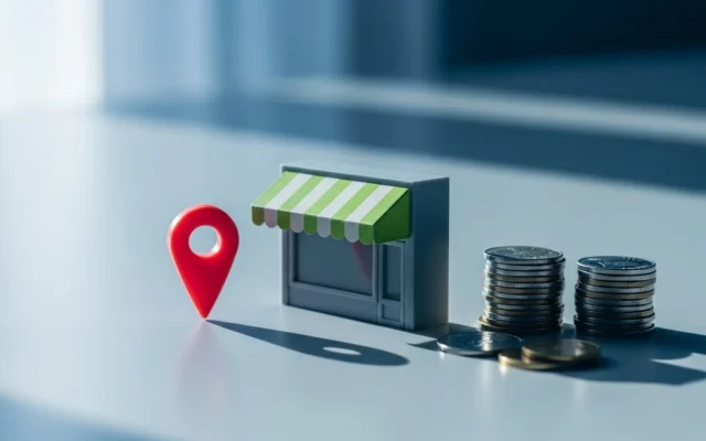 Map pin and storefront model next to coins, representing local SEO cost