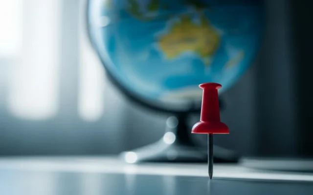 A map pin in focus with a blurred globe in the background, representing local versus traditional SEO