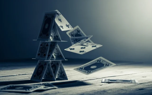 A collapsing house of cards, representing the risk of private blog network links