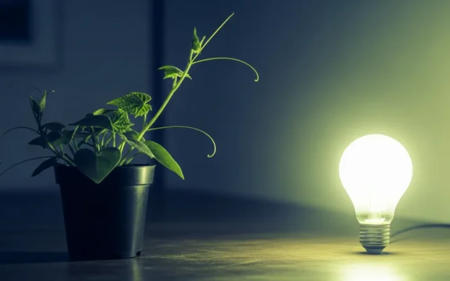 A growing plant next to a glowing light bulb, representing SEO versus PPC advertising