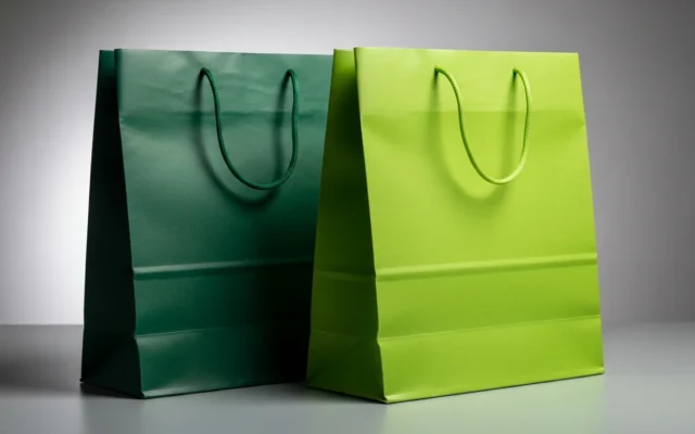 Two shopping bags side by side, representing a Shopify versus WooCommerce SEO comparison