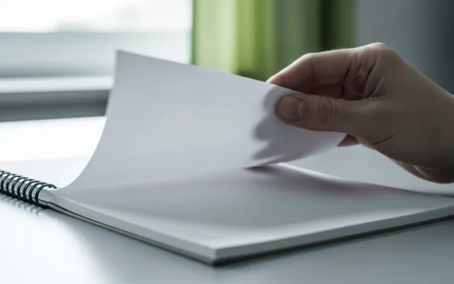 A hand turning a fresh blank page in a notebook, representing a new month of SEO work beginning
