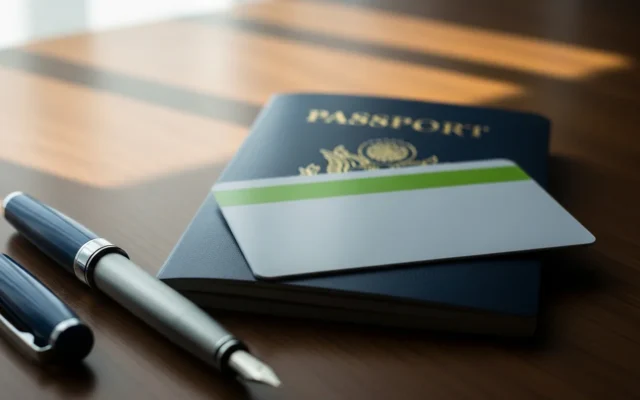 A passport and ID card on a desk, representing entity SEO and business identity