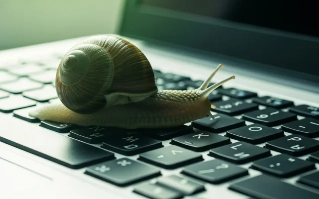 A snail crossing a laptop keyboard, representing a slow-loading website
