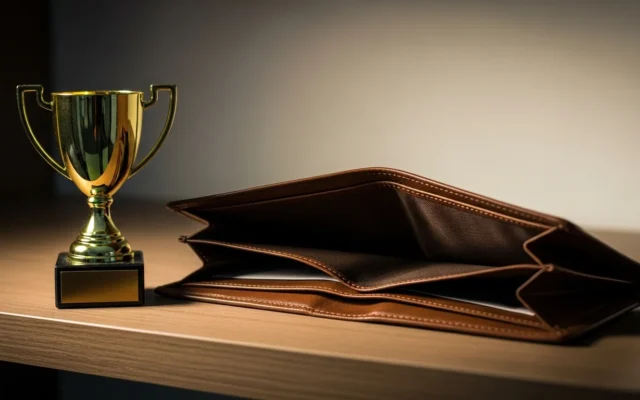 A trophy next to an empty wallet, representing rankings without conversions