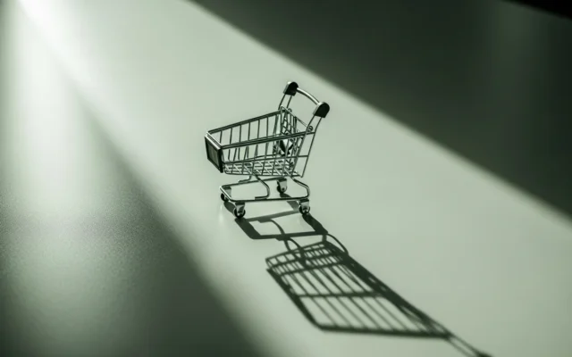 A single miniature shopping cart alone on an empty desk, representing an invisible online store