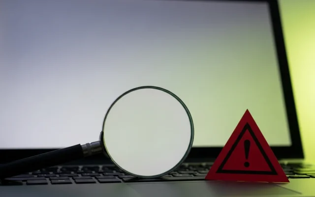 A magnifying glass and warning sign on a laptop keyboard, representing WordPress malware detection
