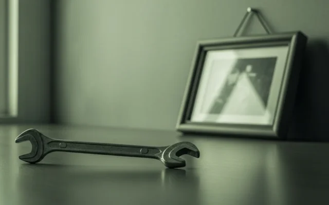 A wrench next to a crooked picture frame, representing subtle WordPress SEO mistakes